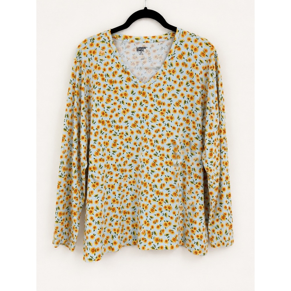 Lands End V-Neck Top Womens 2X Blue Sunflower Long‎ Sleeve Cotton Cottagecore